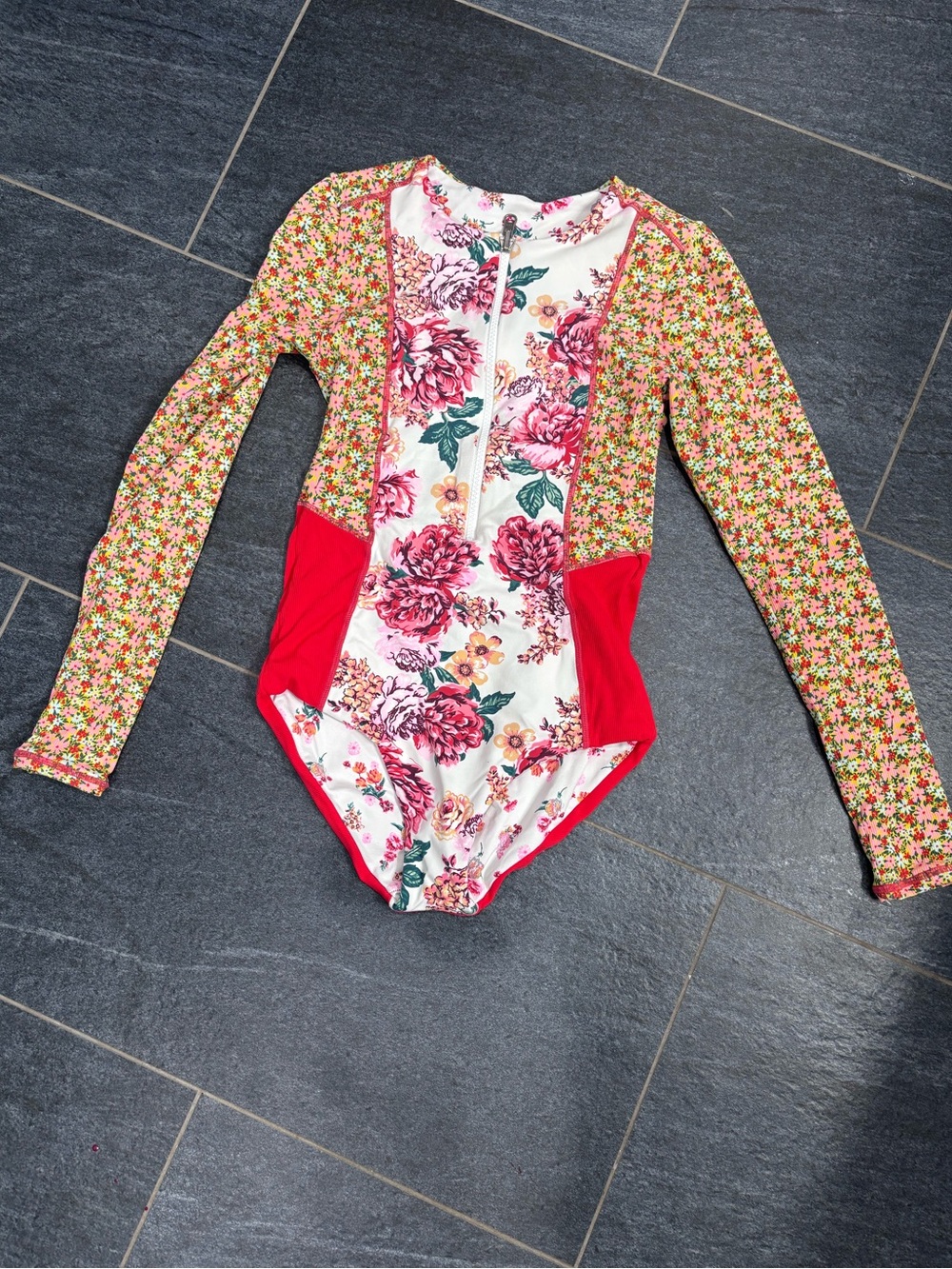 Maaji Reversible Floral Long Sleeve One-Piece Swimsuit in Red and Multi Floral